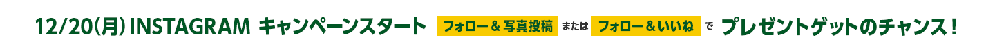 12/20（月） INSTAGRAM キャンペーンスタート フォロー＆写真投稿またはフォロー＆いいねでプレゼントゲットのチャンス！